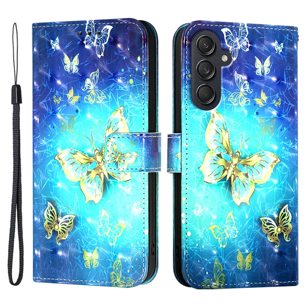 Patte knížkové pouzdro na Samsung Galaxy M55 5G - modrozlatí motýli
