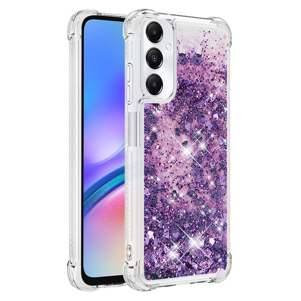 Glitter gelový přesýpací obal na Samsung Galaxy A05s - tmavěfialový/srdíčka
