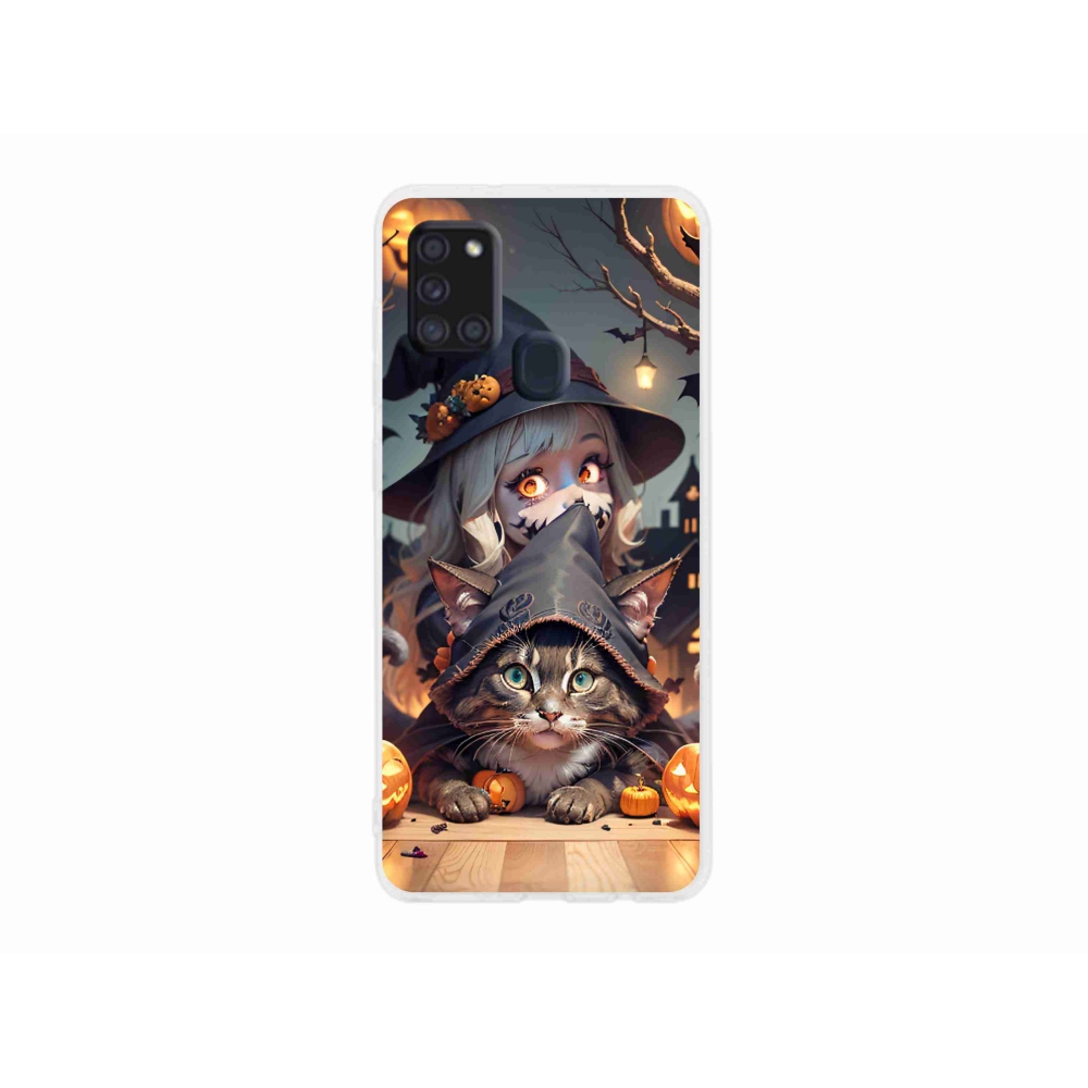 Gelový kryt mmCase na Samsung Galaxy A21s - čarodějnice s kočkou