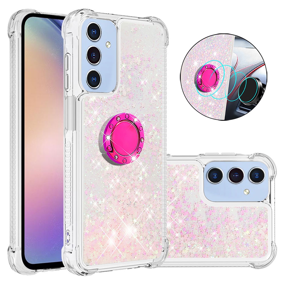 Glitt přesýpací gelový obal s kroužkem na prst na Samsung Galaxy A17 4G/5G - růžový/hvězdičky