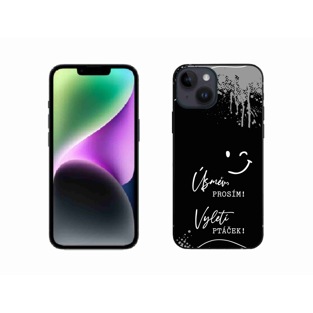 Gelový kryt mmCase na iPhone 14 - vtipný text 4 černé pozadí