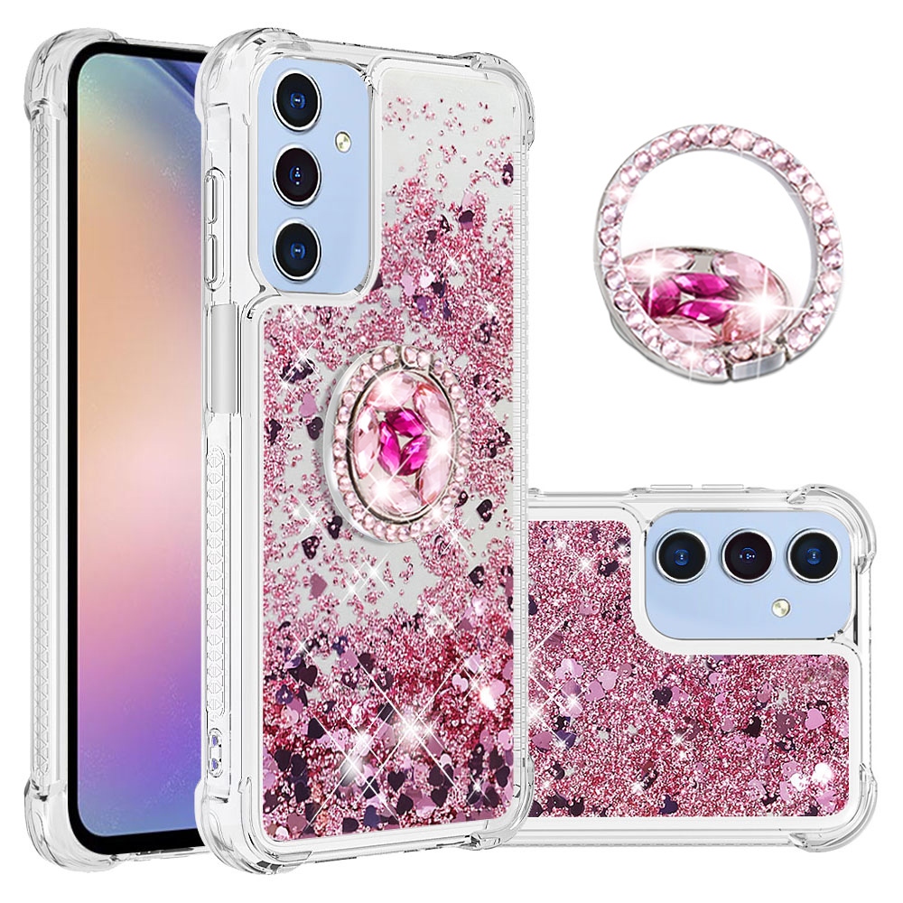 Glitt přesýpací gelový obal s kroužkem na prst na Samsung Galaxy A17 5G - růžovozlatý/srdíčka