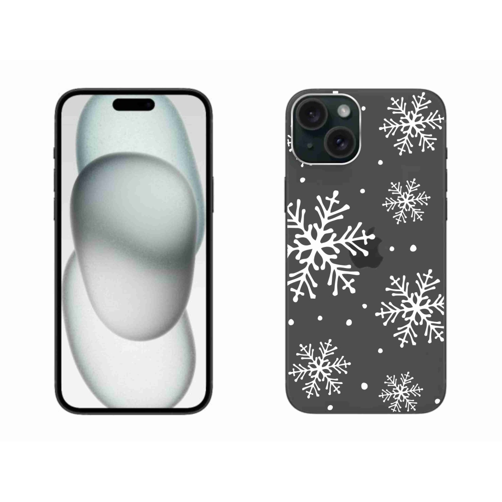 Gelový kryt mmCase na iPhone 15 Plus - bílé vločky na průhledném pozadí