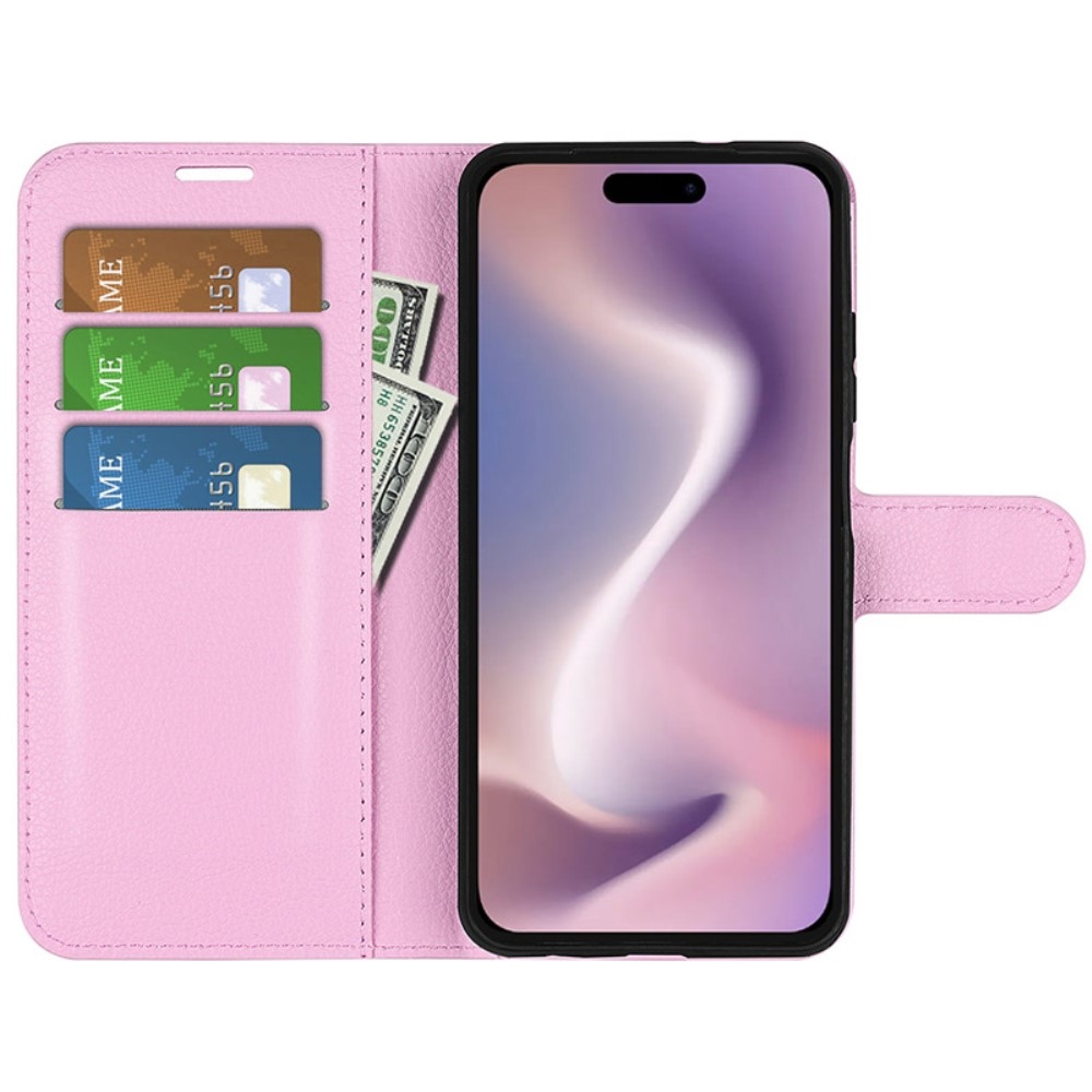 Litchi knížkové pouzdro na iPhone 16 Plus - růžové