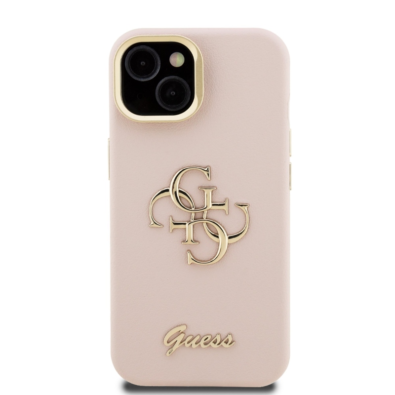 Guess PU Grained 4G Logo Stand Camera Frame Zadní Kryt pro iPhone 13 Pink
