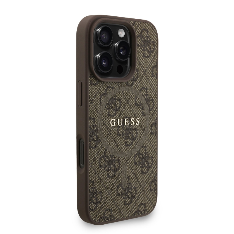 Guess PU Leather 4G Colored Ring Strap MagSafe Zadní Kryt pro iPhone 16 Pro Brown