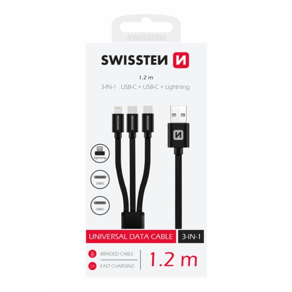 Swissten tkaný kabel 3v1 MFI 1,2 m (Lightning, 2x USB-C) - černý