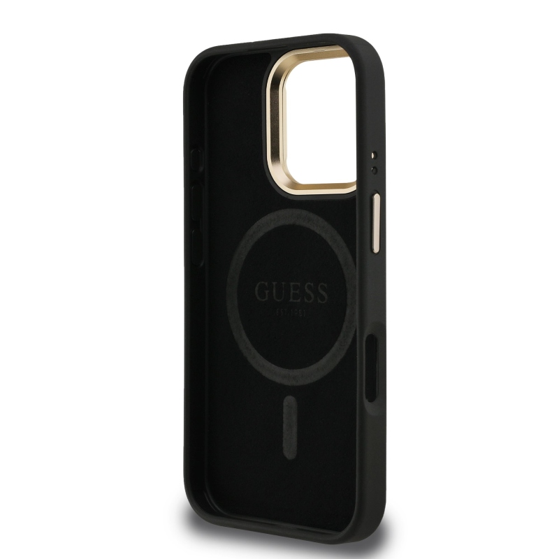 Guess PU 4G Strass Triangle Logo Stand Camera Frame MagSafe Zadní Kryt pro iPhone 16 Pro Black
