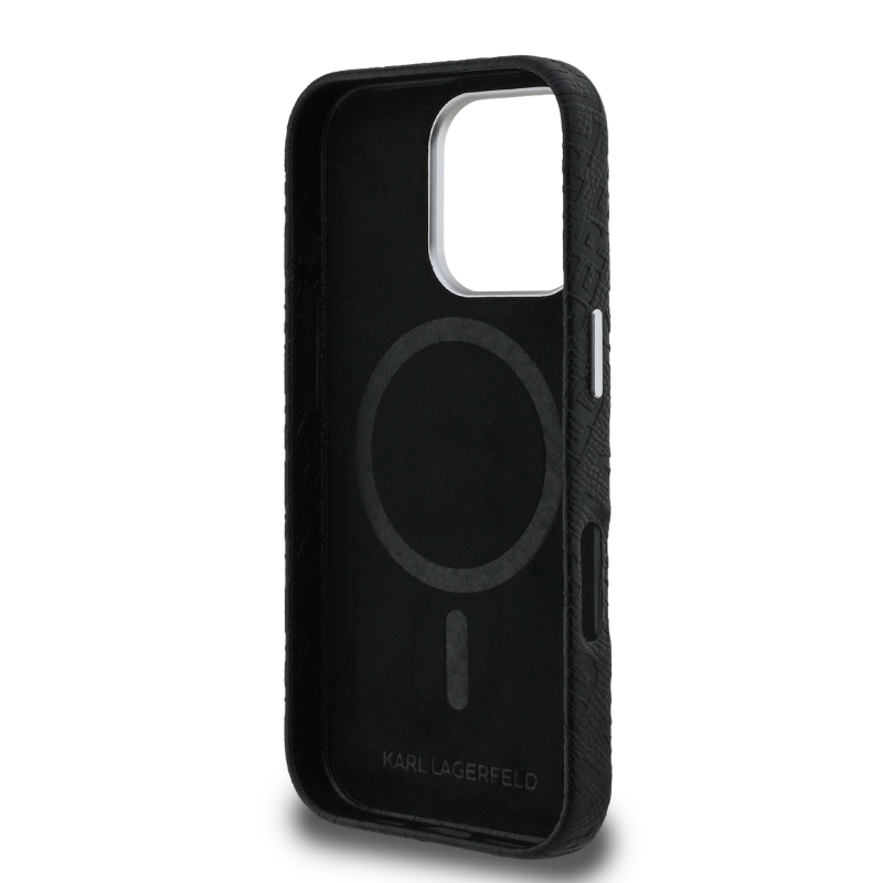 Karl Lagerfeld Grained PU Repeated Logo MagSafe Zadní Kryt pro iPhone 16 Pro Black