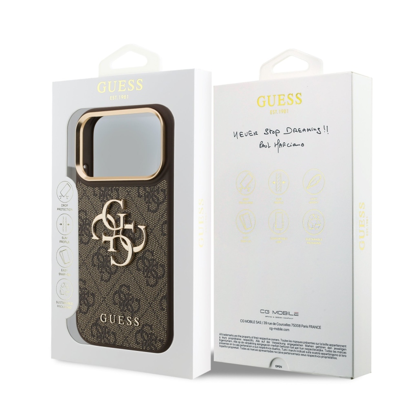 Guess PU Leather 4G Metal Logo Gold Frame Zadní Kryt pro iPhone 18 Pro Brown