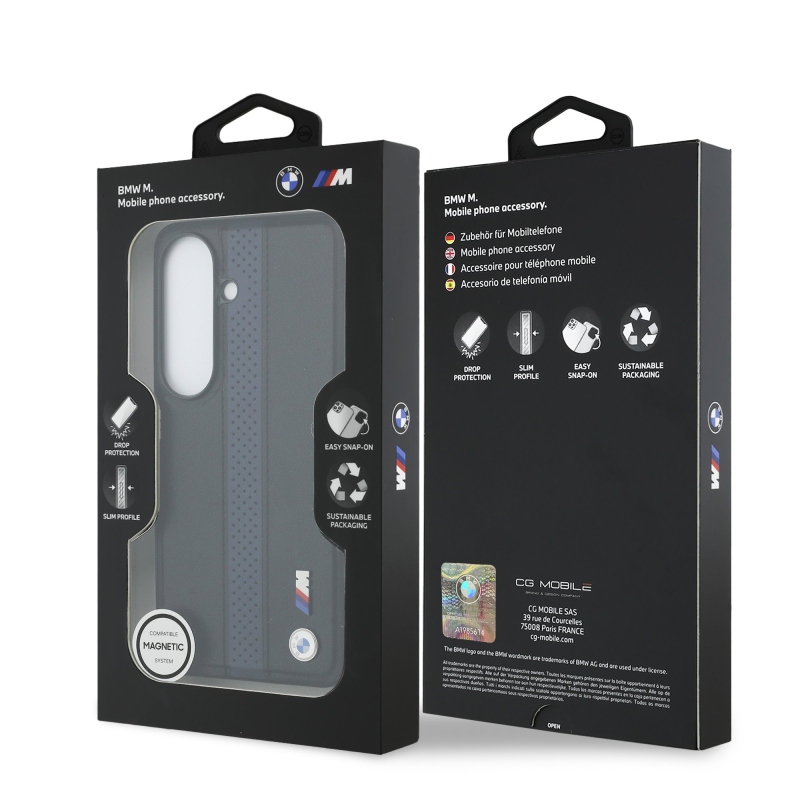 BMW M PU Leather Perforated Stripes and Metal Logo Magnetic Zadní Kryt pro Samsung Galaxy S26 Blue