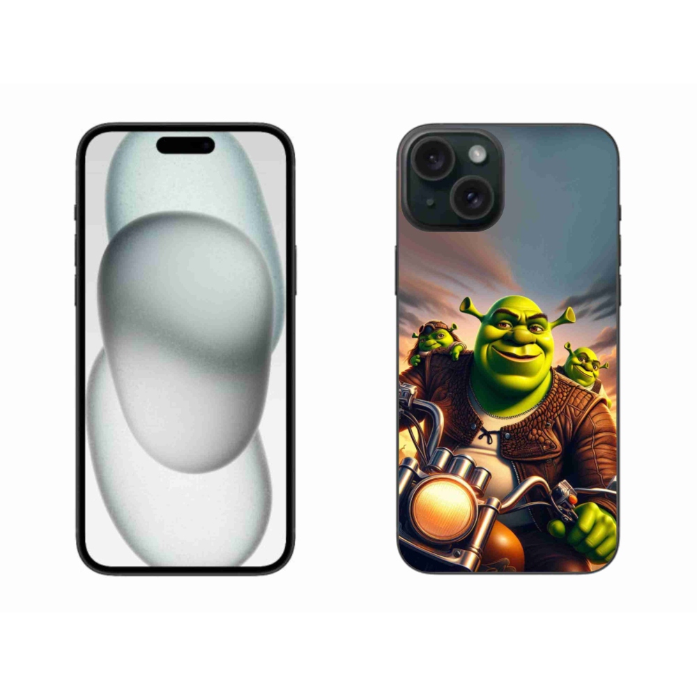 Gelový kryt mmCase na iPhone 15 Plus - shrek na motorce