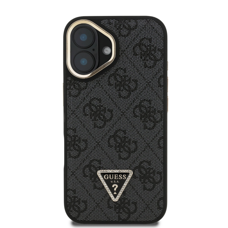 Guess PU 4G Strass Triangle Logo Stand Camera Frame MagSafe Zadní Kryt pro iPhone 16 Black