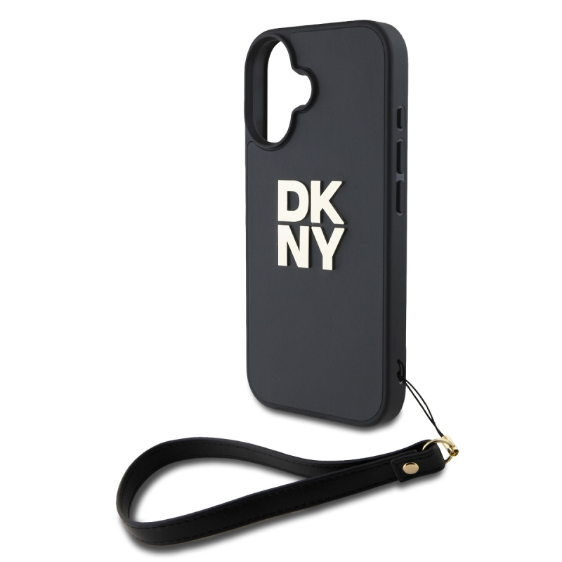 DKNY PU Leather Stack Logo Wrist Strap Zadní Kryt pro iPhone 16 Black