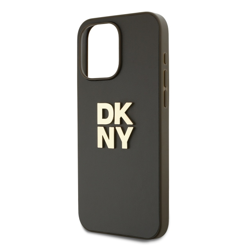DKNY PU Leather Stack Logo Wrist Strap Zadní Kryt pro iPhone 14 Pro Max Brown