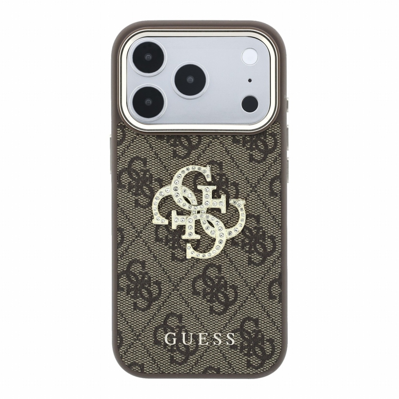 Guess PU 4G Strass Metal Logo Zadní Kryt pro iPhone 18 Pro Brown