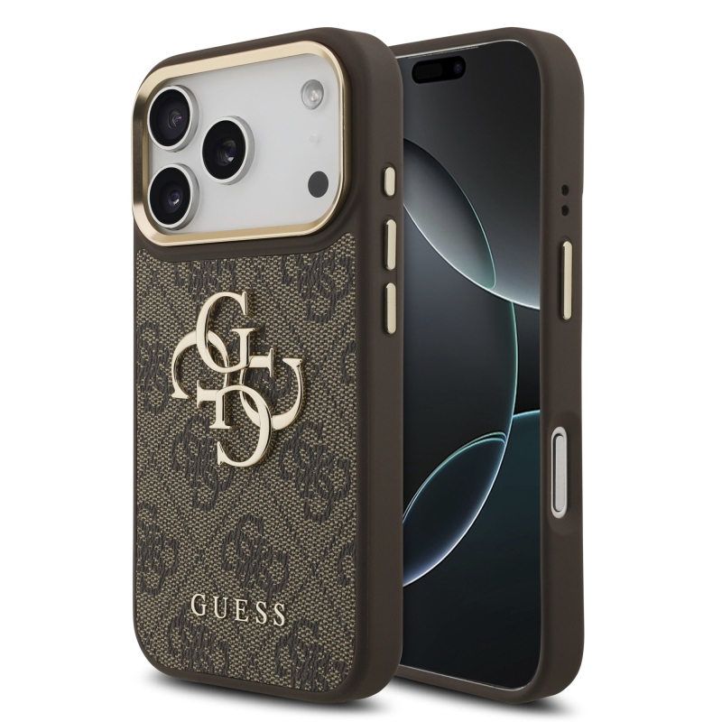 Guess PU Leather 4G Metal Logo Gold Frame Zadní Kryt pro iPhone 18 Pro Brown