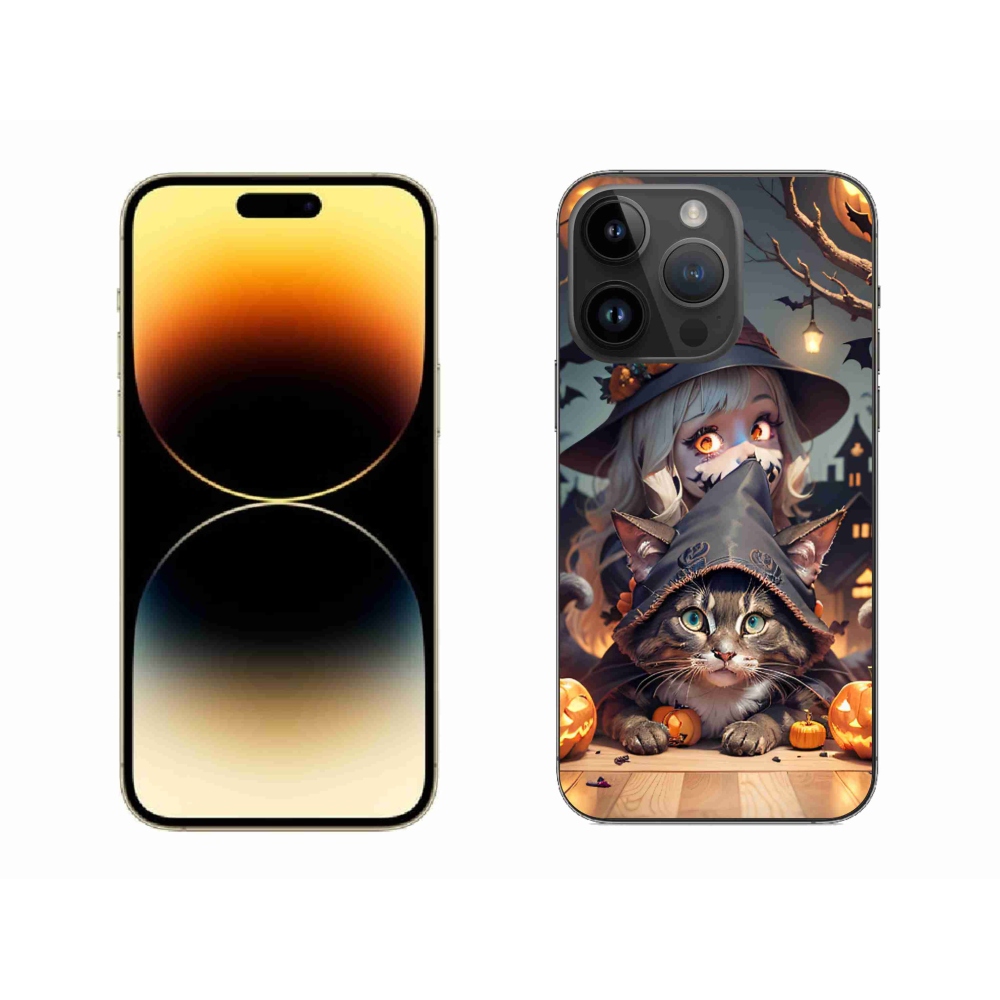 Gelový kryt mmCase na iPhone 14 Pro Max - čarodějnice s kočkou