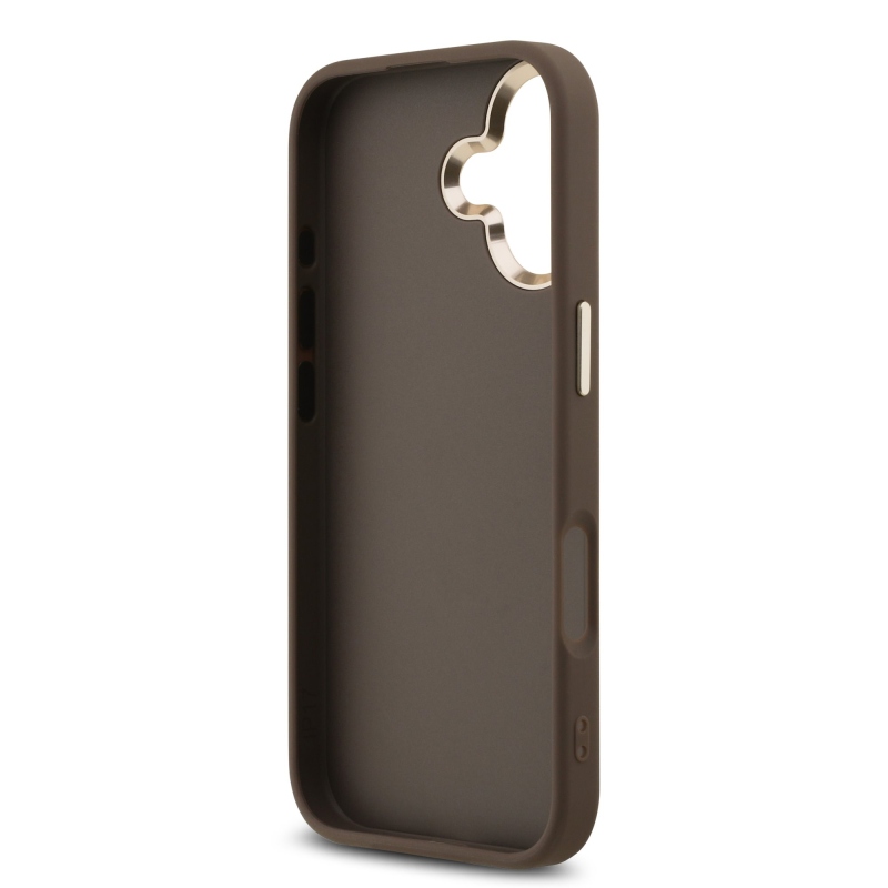 Guess PU Leather 4G Metal Logo Gold Frame Zadní Kryt pro iPhone 17 Brown