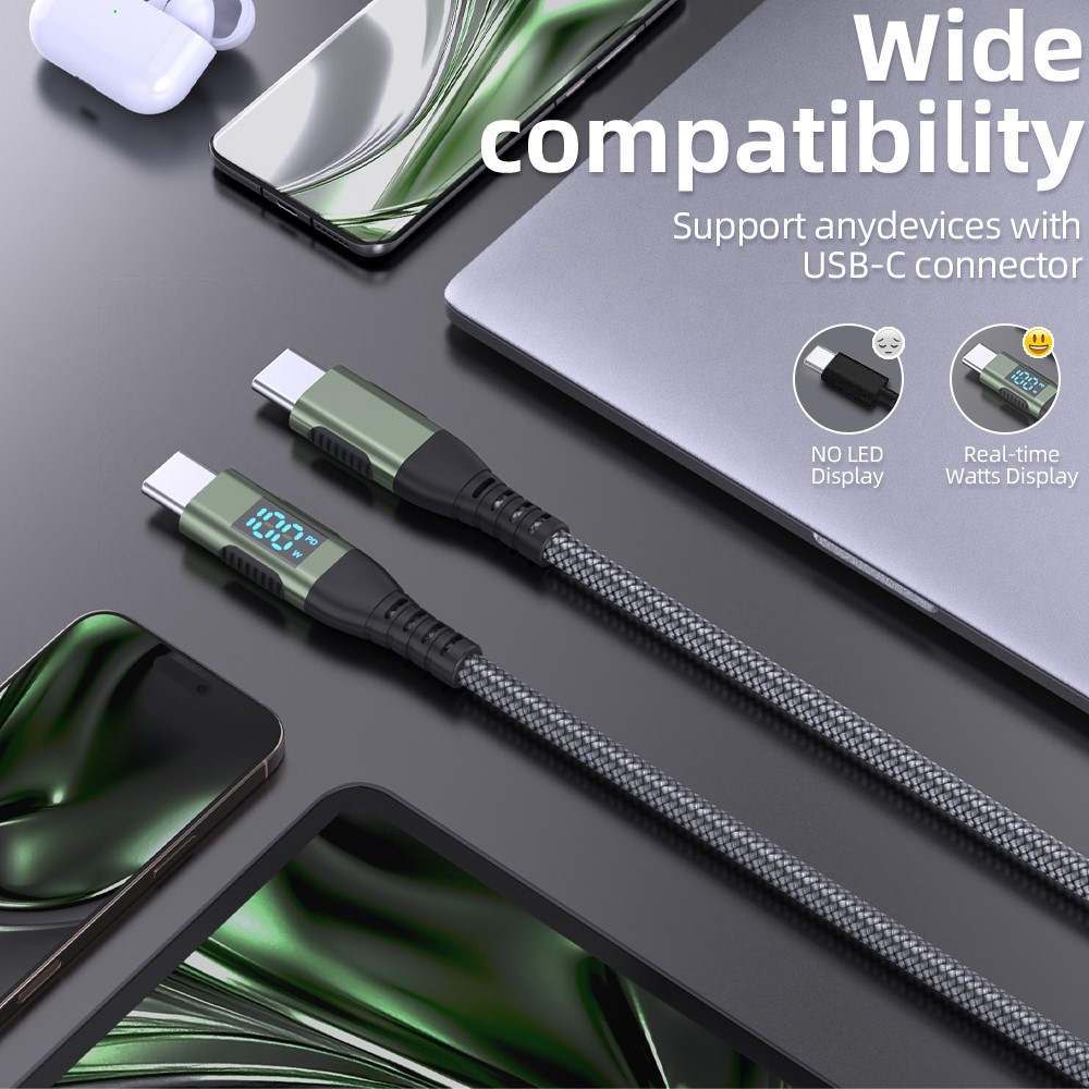 Nylonový kabel USB-C / USB-C s displejem 1m 100W - šedý