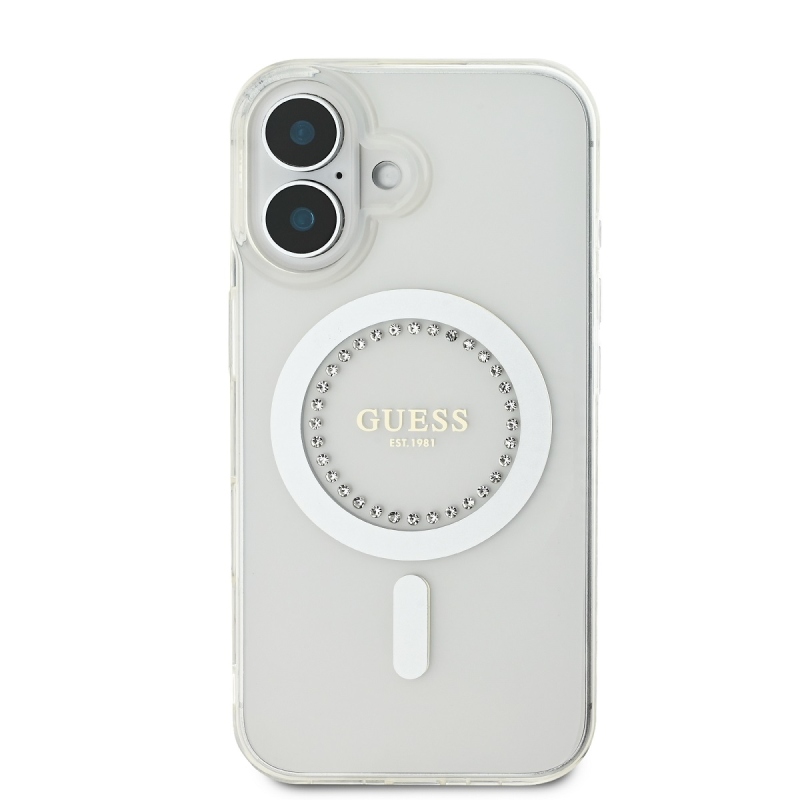 Guess IML Rhinestones Ring MagSafe Zadní Kryt pro iPhone 16 White 
