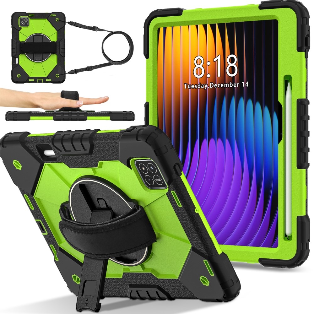 Strap odolný kryt s držákem na ruku a ramenním popruhem na Xiaomi Pad 7/7 Pro - černý/zelený