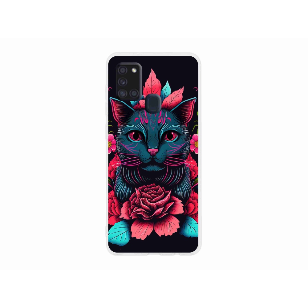 Gelový kryt mmCase na Samsung Galaxy A21s - květiny a kočka