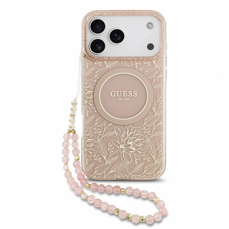 Guess IML Flowers Allover Strap MagSafe Zadní Kryt pro iPhone 18 Pro Max Pink