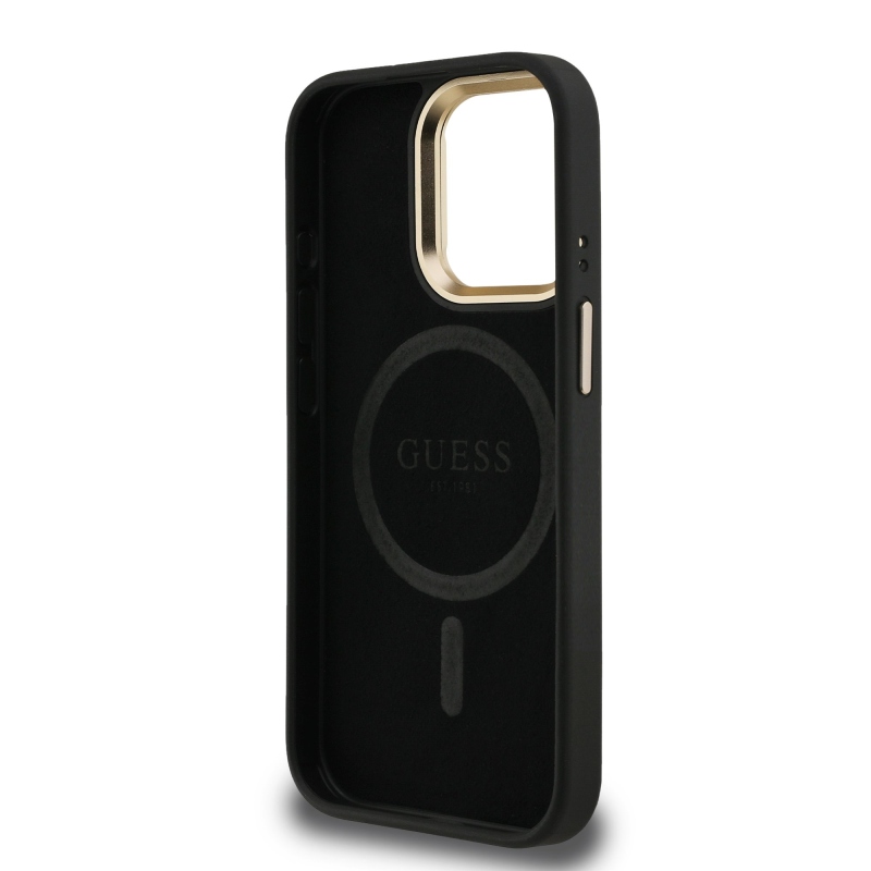 Guess PU 4G Strass Triangle Logo Stand Camera Frame MagSafe Zadní Kryt pro iPhone 15 Pro Max Black