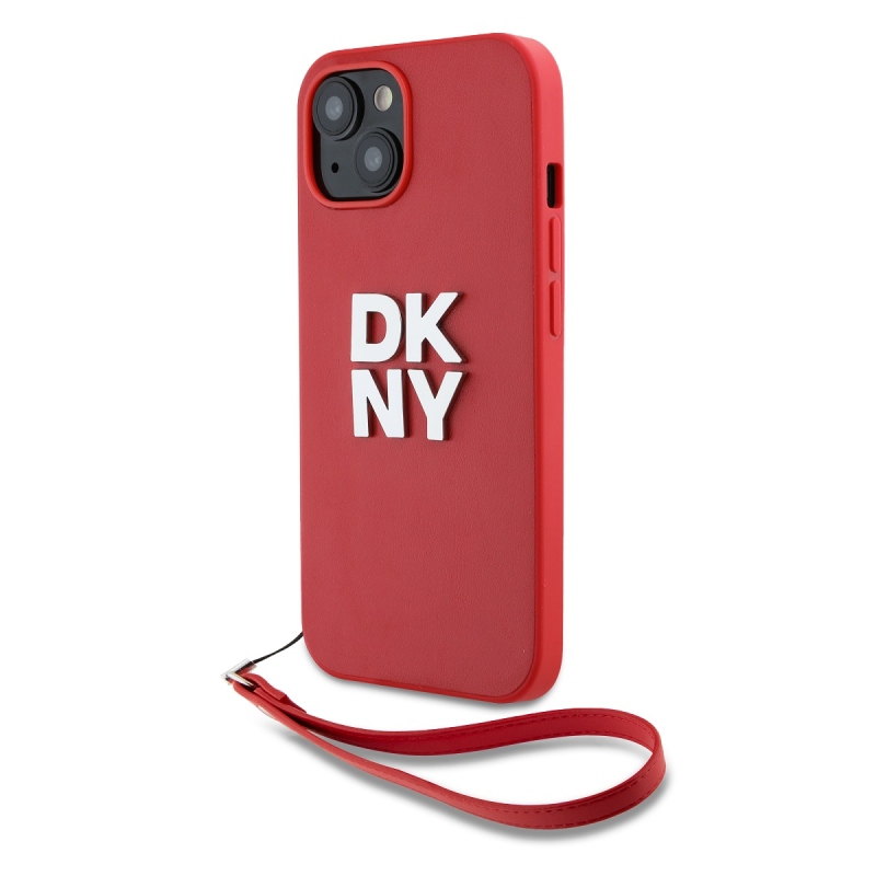 DKNY PU Leather Stack Logo Wrist Strap Zadní Kryt pro iPhone 15 Red