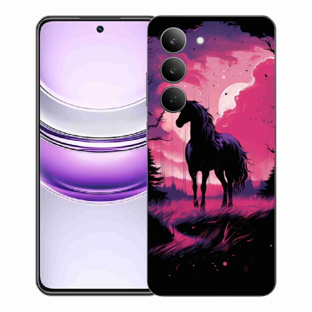 Gelový kryt mmCase na Realme 14x 5G - černý kreslený kůň 1
