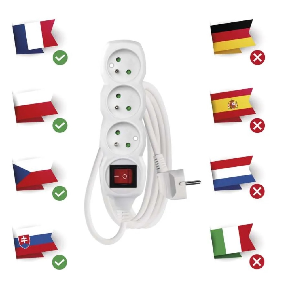 Prodlužovací kabel 3 m / 3 zásuvky / s vypínačem / bílý / PVC / 1 mm2