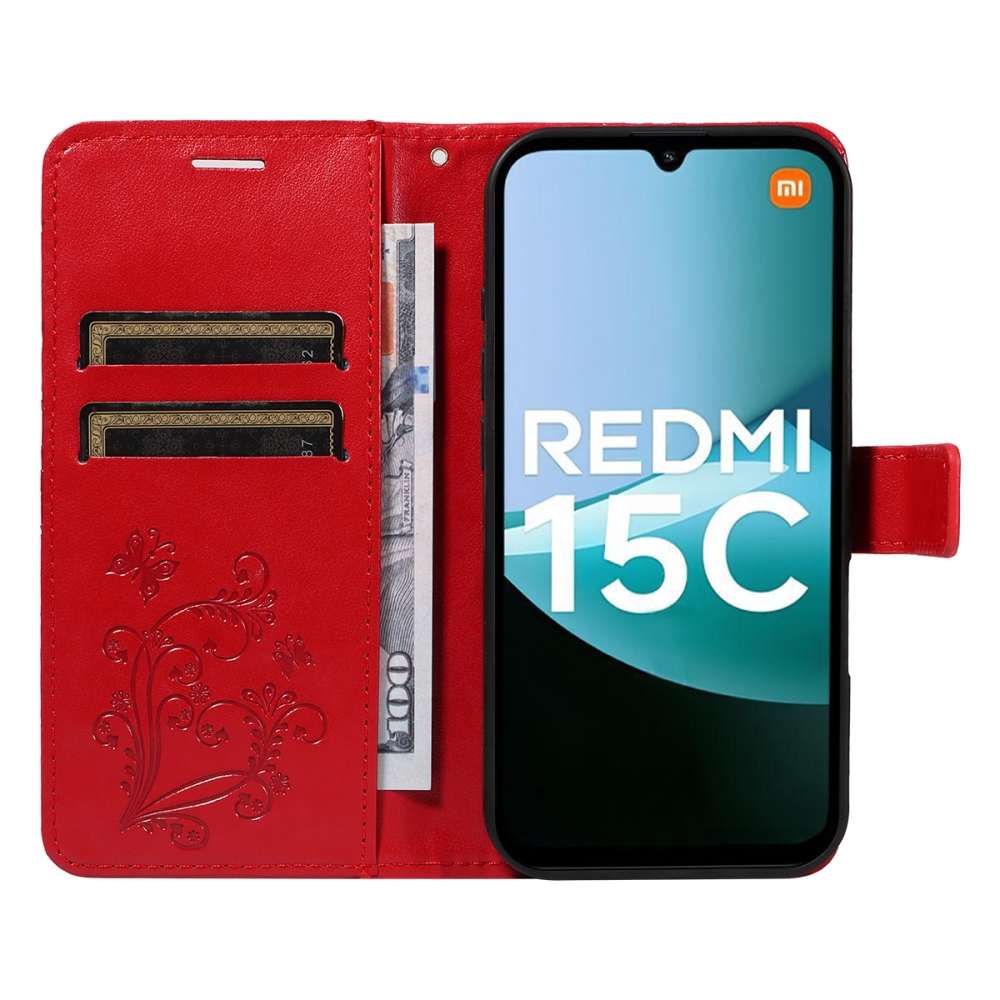 Big Butterfly knížkové pouzdro na Xiaomi Redmi 15C 4G/5G (173mm) - červené