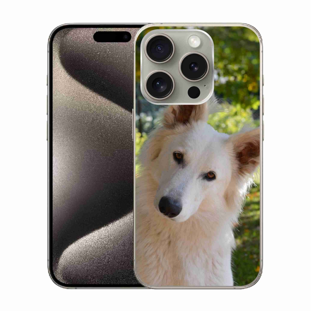 Gelový kryt mmCase na iPhone 15 Pro - bílý švýcarský ovčák 1