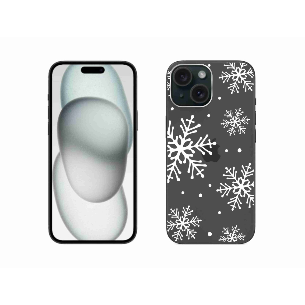 Gelový kryt mmCase na iPhone 15 - bílé vločky na průhledném pozadí