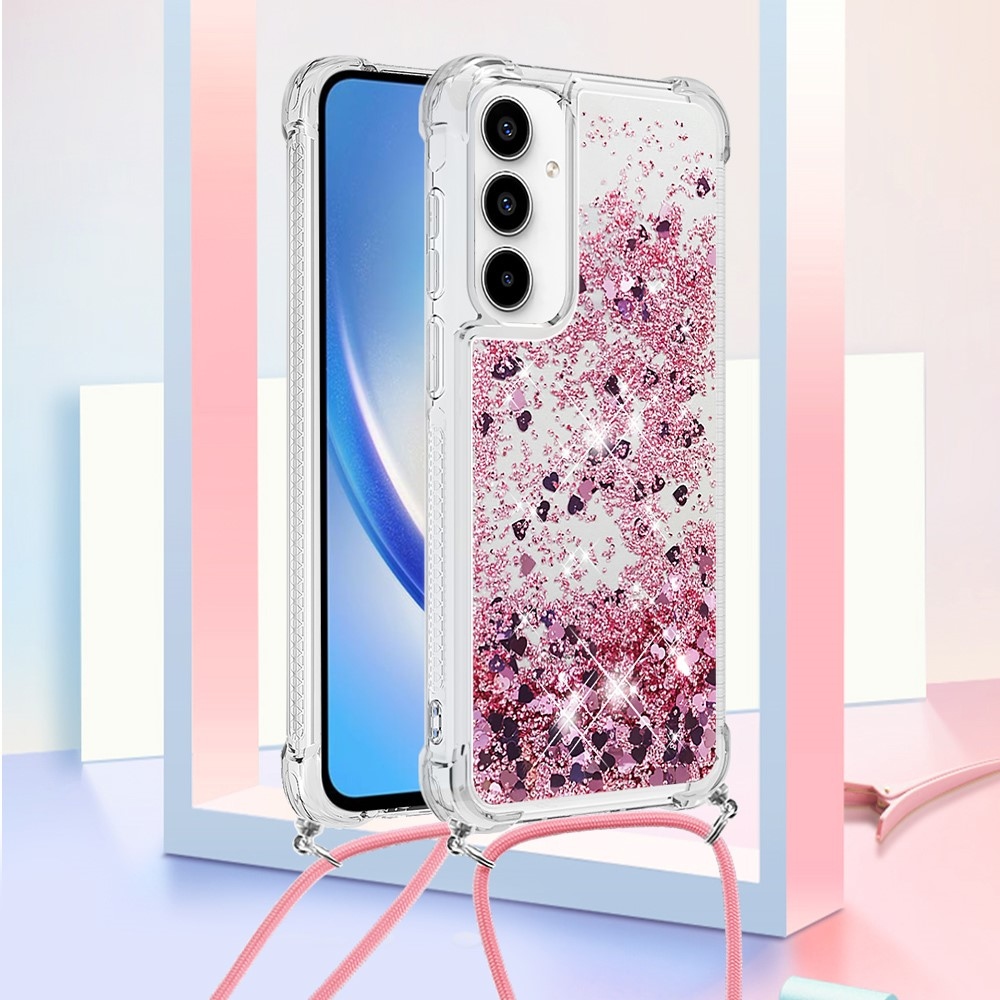 Glitters přesýpací gelový obal se šňůrkou na Samsung Galaxy A56 5G - růžovozlatý/srdíčka