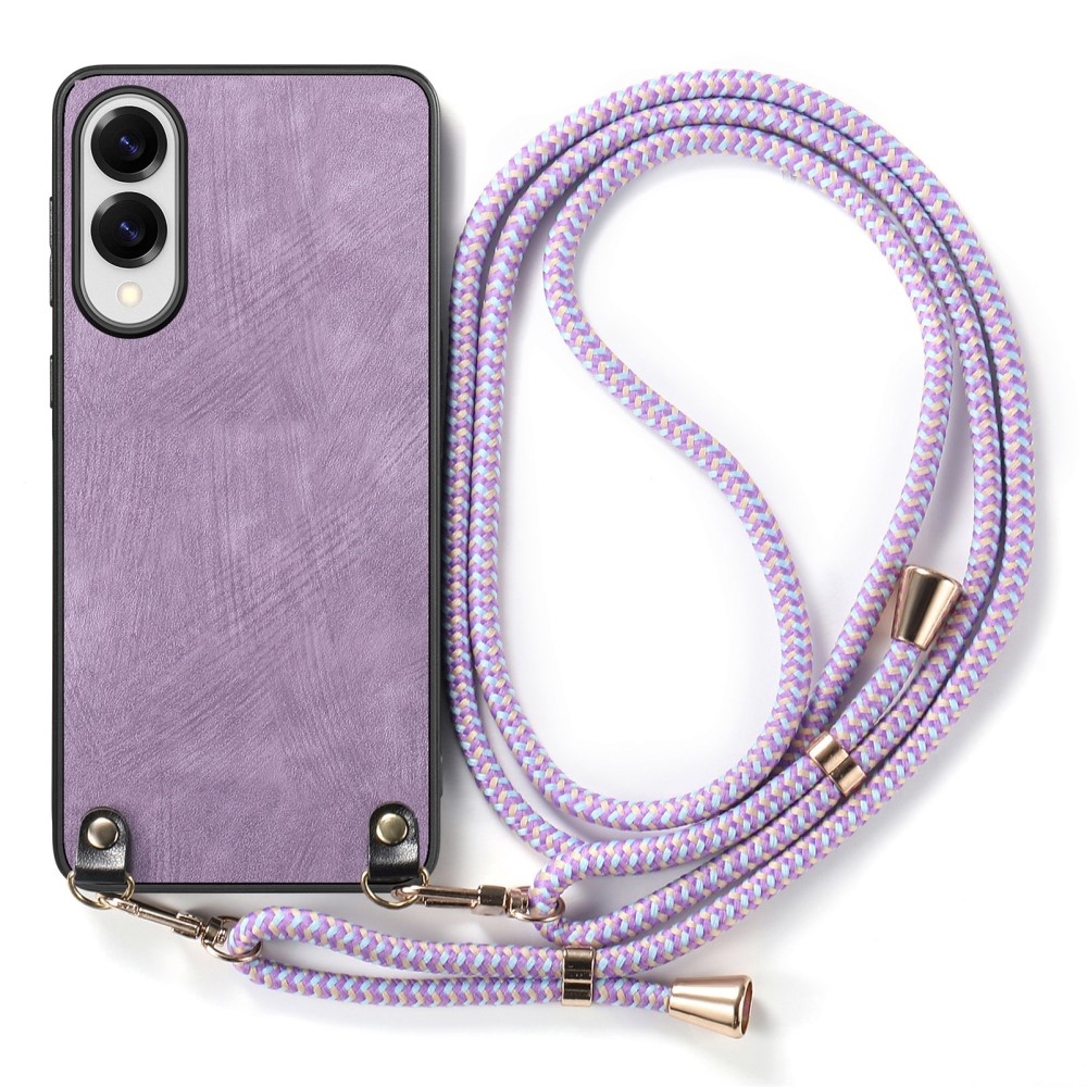Retro gelový obal se šňůrkou a s umělou kůží na Samsung Galaxy S25 Edge - fialový
