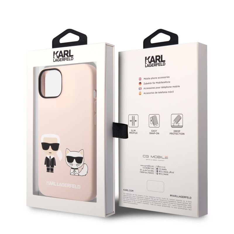 Karl Lagerfeld MagSafe kryt Liquid silikonový Karl and Choupette pro iPhone 14 Plus růžový