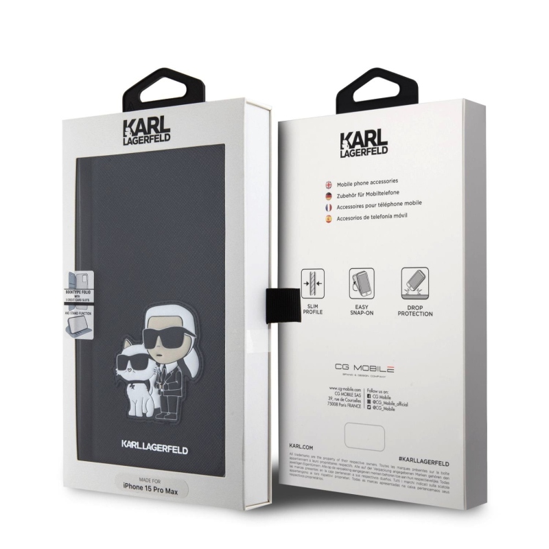 Karl Lagerfeld PU Saffiano Karl and Choupette NFT Book pouzdro pro iPhone 15 Pro Max černý