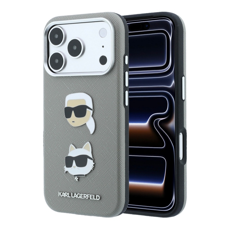 Karl Lagerfeld PU Semi Wrap Saffiano K&CH Heads Zadní Kryt pro iPhone 18 Pro Grey