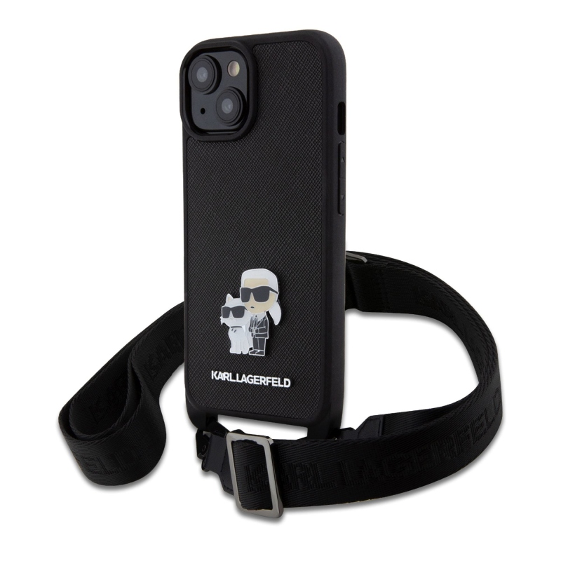 Karl Lagerfeld Saffiano Crossbody Metal Karl and Choupette zadní kryt pro iPhone 15 černý