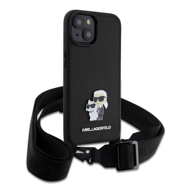 Karl Lagerfeld Saffiano Crossbody Metal Karl and Choupette zadní kryt pro iPhone 15 černý