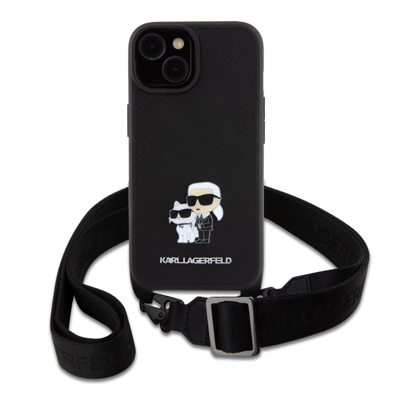 Karl Lagerfeld Saffiano Crossbody Metal Karl and Choupette zadní kryt pro iPhone 15 černý