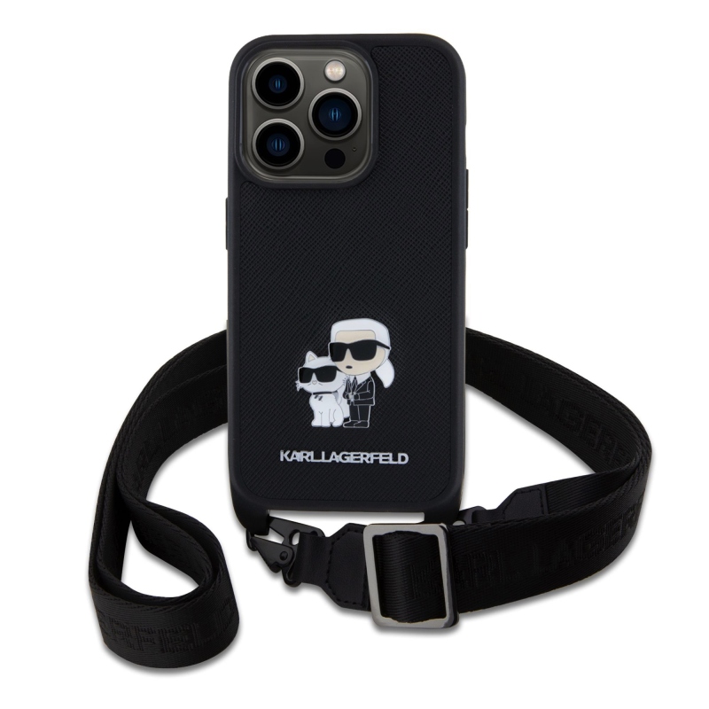 Karl Lagerfeld Saffiano Crossbody Metal Karl and Choupette zadní kryt pro iPhone 15 Pro černý