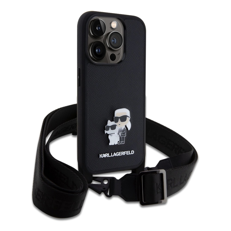 Karl Lagerfeld Saffiano Crossbody Metal Karl and Choupette zadní kryt pro iPhone 15 Pro černý