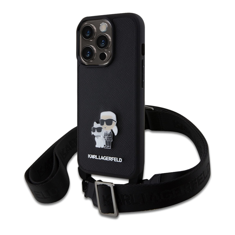 Karl Lagerfeld Saffiano Crossbody Metal Karl and Choupette zadní kryt pro iPhone 15 Pro černý