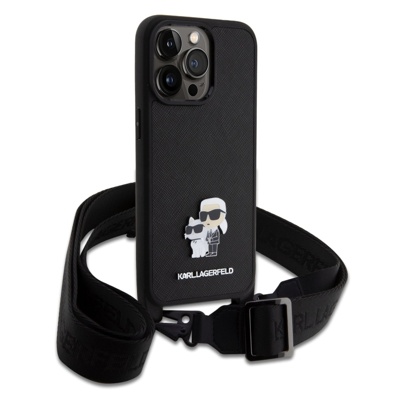 Karl Lagerfeld Saffiano Crossbody Metal Karl and Choupette Zadní Kryt pro iPhone 15 Pro Max Black
