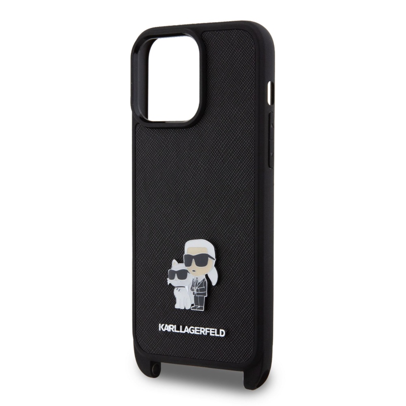 Karl Lagerfeld Saffiano Crossbody Metal Karl and Choupette Zadní Kryt pro iPhone 15 Pro Max Black