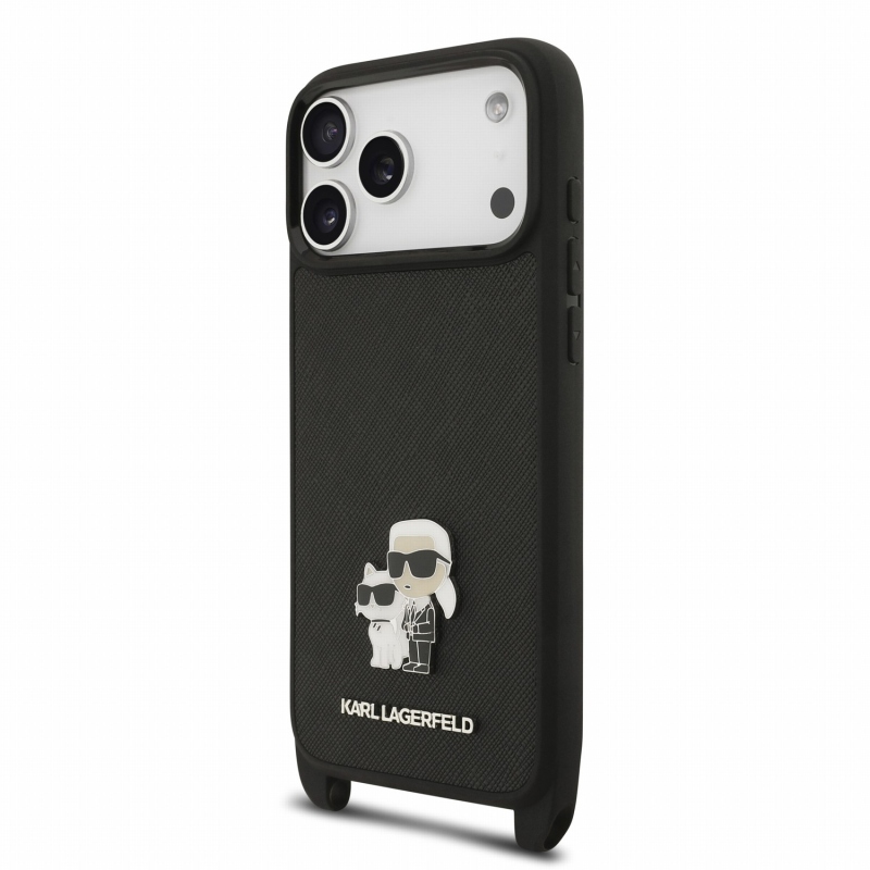 Karl Lagerfeld Saffiano Crossbody Popruh Metal Karl and Choupette Zadní Kryt pro iPhone 18 Pro Max Black