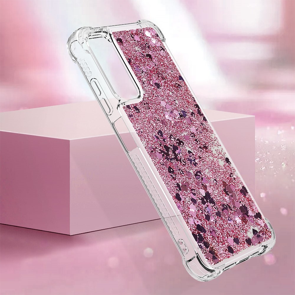 Glitter gelový přesýpací obal na Samsung Galaxy A05s - růžovozlatý/srdíčka